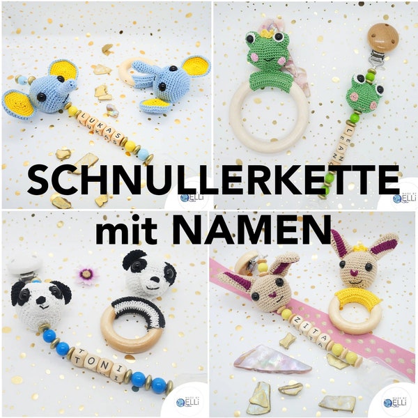 Schnullerkette mit Häkelfigur & Wunschnamen, Personalisierte Schnullerkette mit Namen, Geschenk zur Geburt,