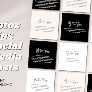 Puede incluir: 150 plantillas de publicaciones para redes sociales en blanco y negro con el texto "Botox Tips" y varios consejos para tratamientos de Botox.