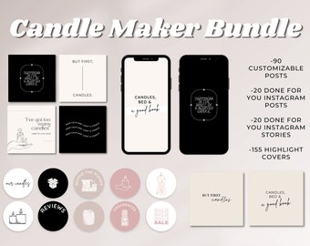 Op de afbeelding: Een digitaal marketingpakket voor kaarsenmakers met 90 aanpasbare Instagram-berichten, 20 kant-en-klare Instagram-berichten, 20 kant-en-klare Instagram-verhalen en 155 highlight-covers. De afbeelding toont een verscheidenheid aan grafische ontwerpen voor social media-berichten, waaronder citaten over kaarsen, behind-the-scenes-afbeeldingen en verkoopmeldingen.
