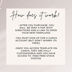 May include: A white text box with black text explaining how to use Canva templates. The text reads: "How does it work? - After you purchase, you will be sent a PDF with directions and a link to open your new templates. - You must sign up for a Canva account (but don't worry it's free!). - Once you access template on Canva, they are fully customizable and you have access to +1000 free stock photos."