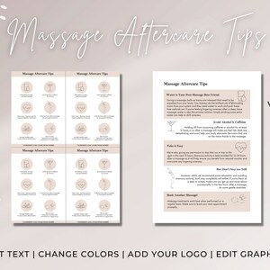 May include: Printable massage aftercare tips cards with illustrations. The cards feature tips like drinking water, avoiding alcohol and caffeine, taking it easy, and booking another massage. The text "Full Sheet Version" is at the top right corner of the image.