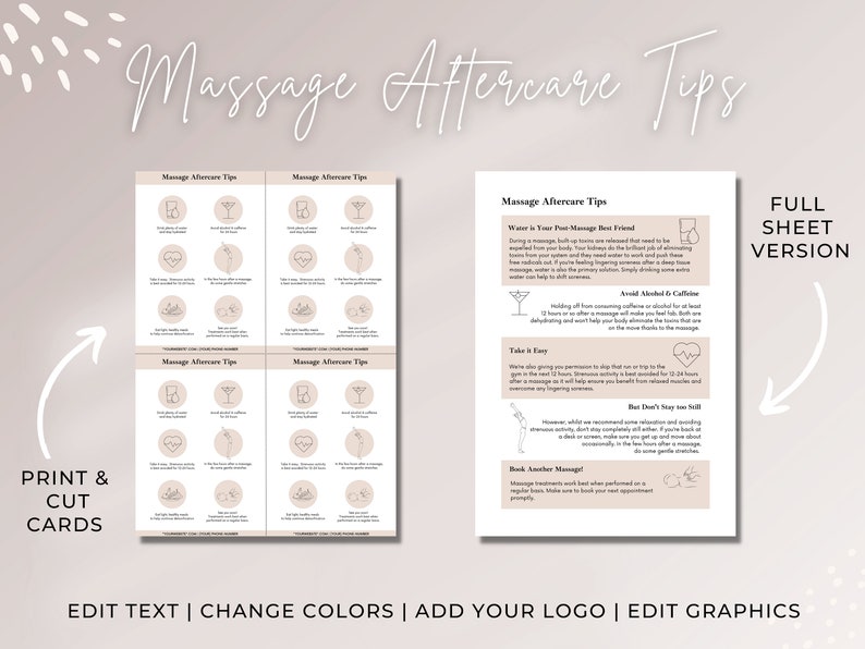 May include: Printable massage aftercare tips cards with illustrations. The cards feature tips like drinking water, avoiding alcohol and caffeine, taking it easy, and booking another massage. The text "Full Sheet Version" is at the top right corner of the image.
