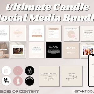 Puede incluir: Un collage digital de gráficos de redes sociales para un negocio de velas. Los gráficos presentan imágenes de velas, texto sobre velas e imágenes de estilo de vida. El texto incluye frases como "Melt Baby Melt", "Me gustan mis velas, como me gusta mi gente", y "Alexa, por favor, pídeme otra vela". Los gráficos están en un estilo minimalista con una paleta de colores neutros.