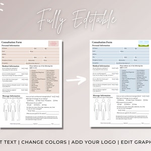 May include: Two editable consultation forms for a massage therapist. The form on the left has a beige background and the form on the right has a blue background. Both forms include sections for personal information, medical information, and massage information. The forms are fully editable and can be customized with text, colors, and logos.
