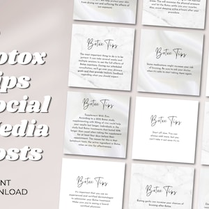 Puede incluir: 150 publicaciones en redes sociales con consejos para tratamientos de Botox. Las publicaciones están sobre un fondo de mármol blanco con texto negro. El texto incluye consejos como "Suplementar con zinc", "Comenzar despacio" y "No tomar antiinflamatorios durante la semana anterior".