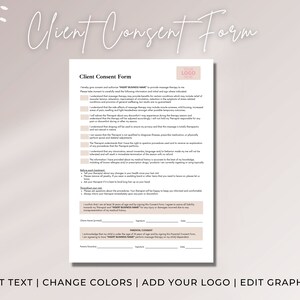 May include: A printable client consent form for massage therapy. The form includes a section for the client's name, signature, and date. It also includes a section for the therapist's name, signature, and date. The form is designed to be used by massage therapists to obtain consent from their clients before providing massage therapy services.
