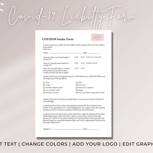 May include: A black and white COVID-19 liability form with a checklist for customers to fill out before entering a business. The form asks questions about vaccination status, recent testing, and symptoms. It also includes a statement for the customer to sign acknowledging that they understand the risks of infection.