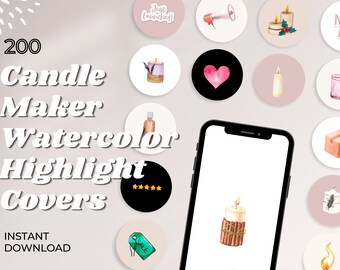 Op de afbeelding: 200 aquarel-hoogtepunten voor kaarsenmakers voor sociale media. De afbeelding toont een verscheidenheid aan kaars-illustraties, waaronder kaarsen, potten en verpakkingen. De illustraties zijn in aquarelstijl en perfect voor gebruik op sociale media.