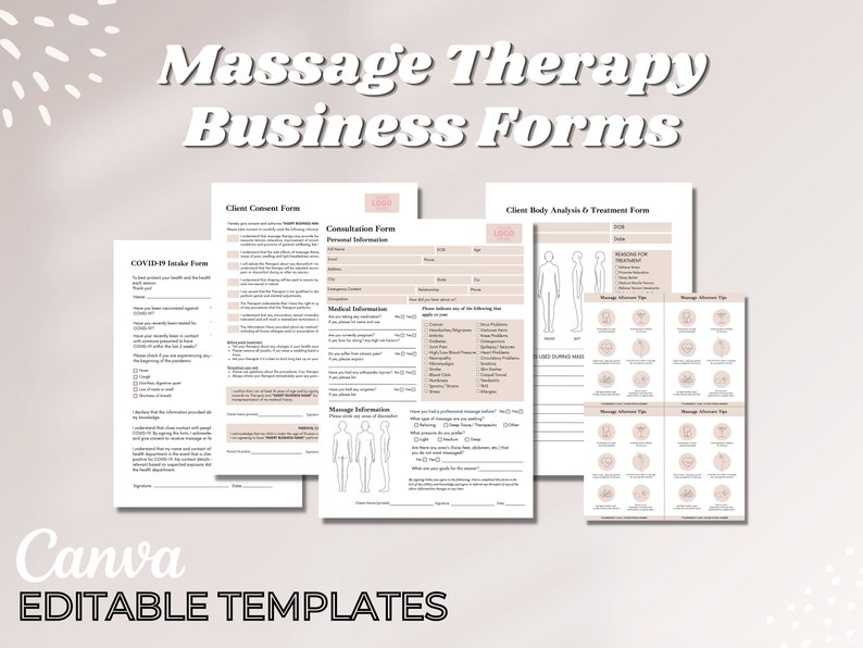 May include: Editable templates for massage therapy businesses. The forms include a COVID-19 intake form, a client consent form, a consultation form, a client body analysis and treatment form, and massage treatment tip sheets.