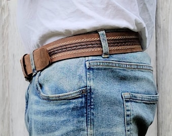 Ceinture en cuir marron pour homme, ceinture en cuir marron motif flèches, ceinture en cuir pleine fleur cousue, fabriqué au Canada, cadeau pour lui, cadeau pour papa