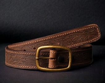 Brown Western Belt, Leather Belt with Gold Buckle, Full Grain Leather Belt, Premium Leather Belt, Embossed Womens Leather Belt, Quality Belt