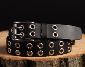 Zwarte Grommet Belt, lederen riem met dubbele Grommets - Made in Canada Eyelet Belt, Rivet Rocker Belt, Cadeau voor hem, Cadeau voor papa, vriend