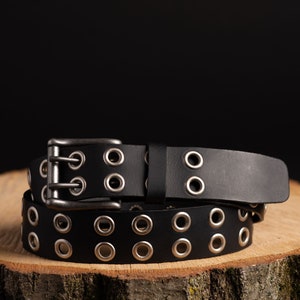 Black Grommet Belt, Leather Belt with Double Grommets Made in Canada Eyelet Belt, Rivet Rocker Belt, Gift for him, Gift for Dad, Boyfriend image 1