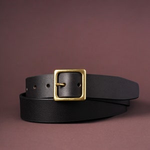 Black Leather Belt with Gold Buckle, Women's Leather Belt with Square Buckle, Full Grain Leather Belt Made In Canada, Premium Leather Belt