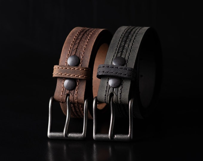 Mens Leather Belt, Handmade Full Grain Leather Belt, Patterned Leather Belt Made in Canada, gift for him, gift for dad, gift for boyfriend