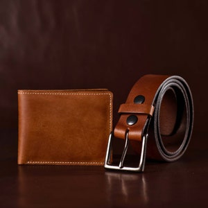 Juego de cinturón y billetera, juego de regalo de 2 piezas para hombres, cuero de grano completo hecho en Canadá, cinturón de cuero de regalo para él, regalo para papá, regalo para novio