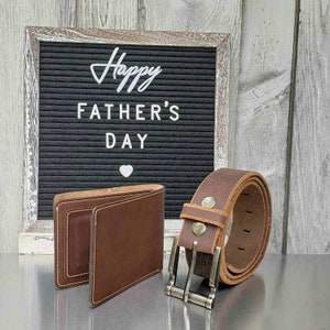 Juego de cinturón y billetera, juego de regalo para el Día del Padre, 2 unidades, cuero de grano completo fabricado en Canadá, regalo de cinturón de cuero para él, regalo para papá, regalo para novio
