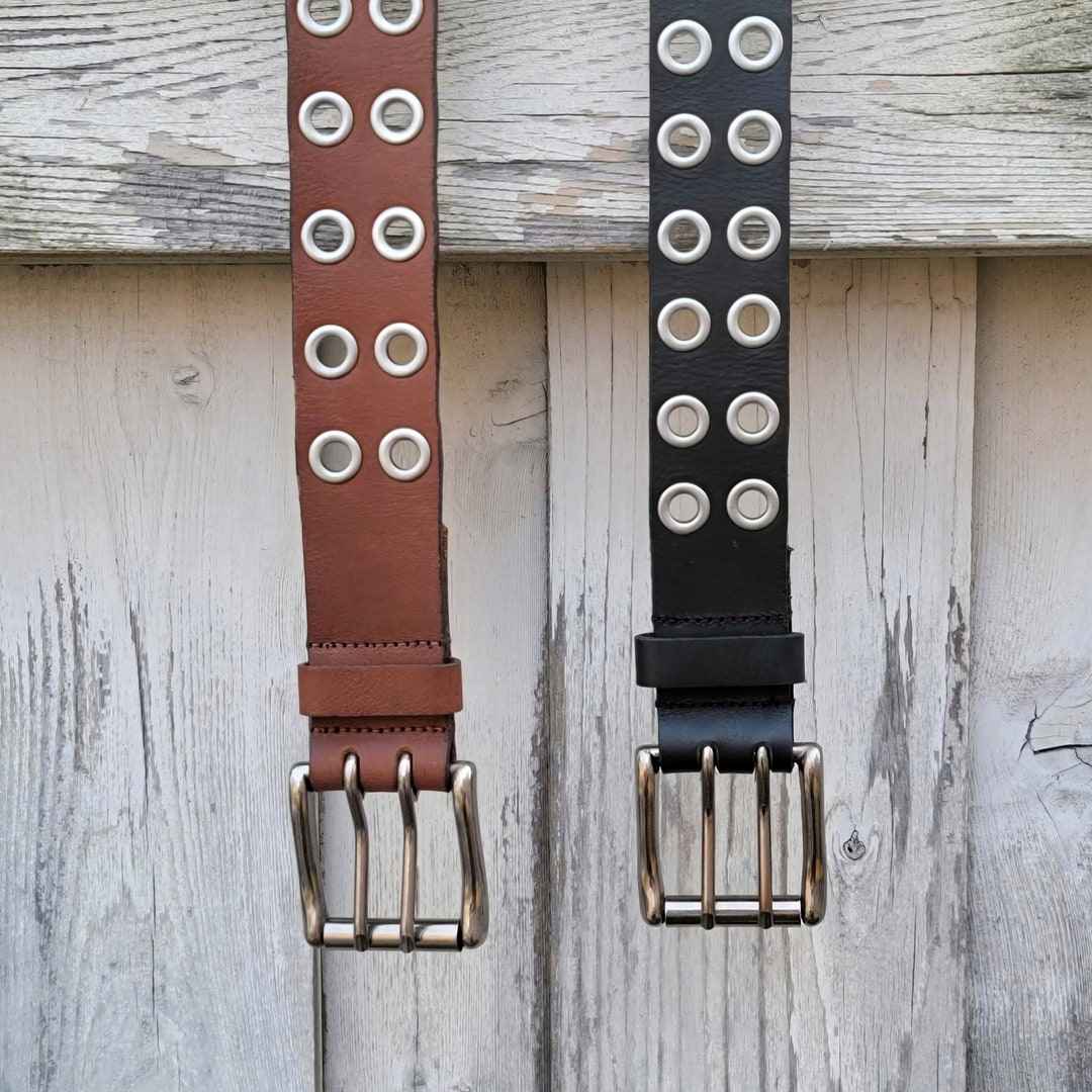Mens Leather Belt, Brown Double Grommet Full Grain Leather Belt Made in