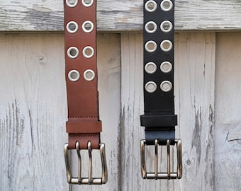 Brown Full Grain Leather Double Grommet Belt, Handmade in Canada