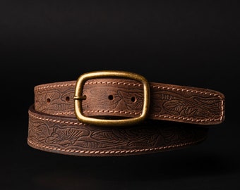 Western Leather Belt with Gold Buckle, Brown Leather Belt, Full Grain Leather Belt Made In Canada, Embossed Womens Belt, Premium Belt
