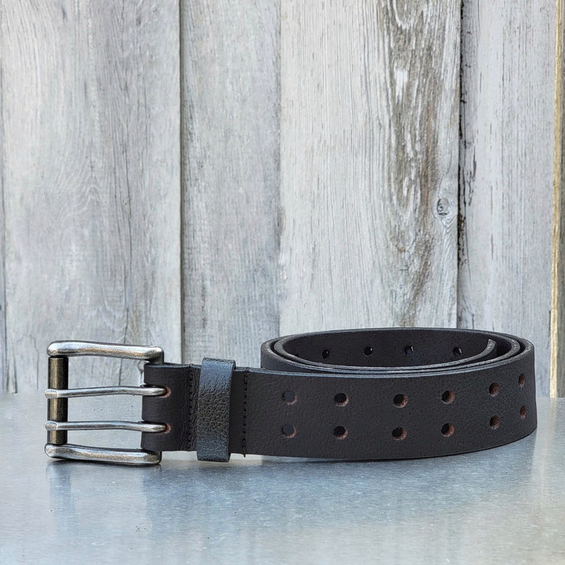 Ceinture double trou, ceinture en cuir homme, ceinture en cuir noir à double broche, ceinture robuste, cadeau pour lui, cadeau pour papa, cadeau pour petit ami Black