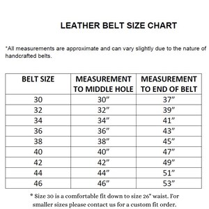 Peut inclure: Tableau des tailles de ceinture en cuir avec des mesures en pouces pour les tailles de ceinture de 30 &agrave; 46. Le tableau indique la mesure jusqu'au trou du milieu et la mesure jusqu'&agrave; la fin de la ceinture.
