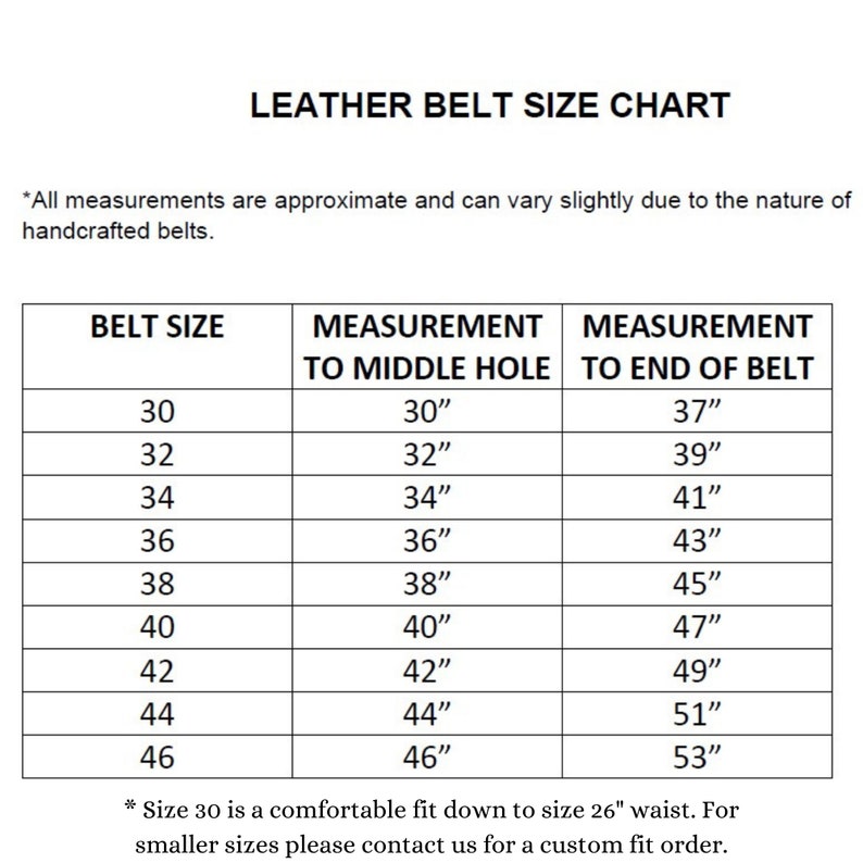 Peut inclure: Tableau des tailles de ceinture en cuir avec des mesures en pouces pour les tailles de ceinture de 30 &agrave; 46. Le tableau indique la mesure jusqu'au trou du milieu et la mesure jusqu'&agrave; la fin de la ceinture.