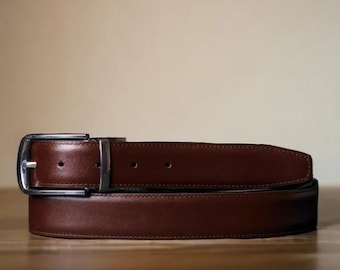 Reversible Leather Dress Belt with Stitched Feather Edges, Black/Brown Full Grain Leather, Stylish, Perfect Gift for Him, Gift for Dad
