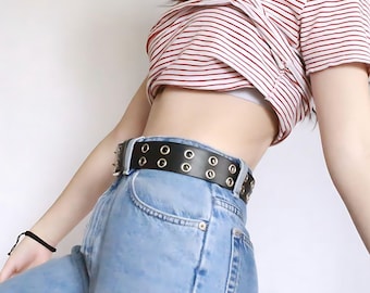 Double Grommet Belt for Women, Full Grain Leather Belt, Made in Canada, Women's Eyelet Belt, Punk Belt, Rocker Belt, Grommet Belt