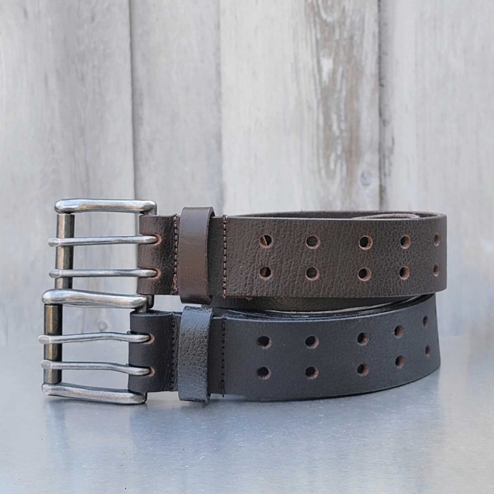 Double Hole Belt Men's Leather Belt Black Double Prong Etsy