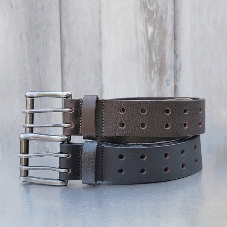 Double Hole Belt, Men's Leather Belt, Black Double Prong Leather Belt, Heavy Duty Belt, Gift for Him, Gift for Dad, Gift for Boyfriend image 1