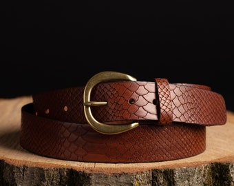 Snake Embossed Leather Belt, Women's Leather Belt, Full Grain Leather Belt Handmade in Canada, Snake Patterned Leather Belt, Python Leather