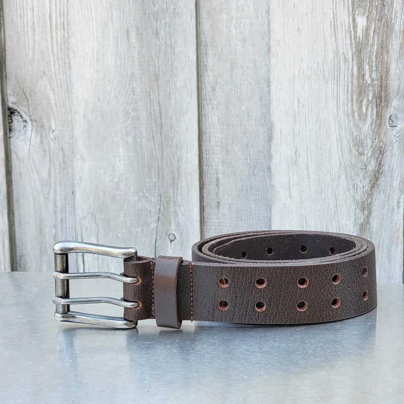 Ceinture double trou, ceinture en cuir homme, ceinture en cuir noir à double broche, ceinture robuste, cadeau pour lui, cadeau pour papa, cadeau pour petit ami Brown