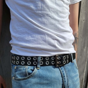 Black Grommet Belt, Leather Belt with Double Grommets Made in Canada Eyelet Belt, Rivet Rocker Belt, Gift for him, Gift for Dad, Boyfriend zdjęcie 2