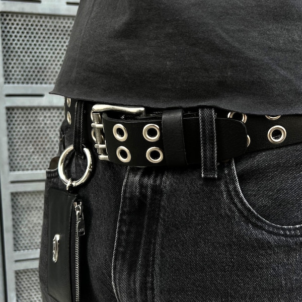 Cinturón negro con doble ojal, cinturón de cuero, cinturón de cuero de grano completo, hecho en Canadá, cinturón con ojales, cinturón punk, cinturón rockero, cinturón de estilo urbano.