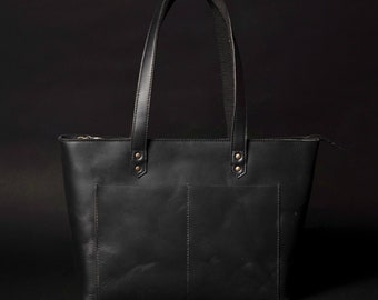 Black Leather Tote Bag, Women&#39;s Leather Tote Bag, Full-Grain Leather Bag, Caryall bag, Leather Purse, Premium Leather, Gift for Girlfriend