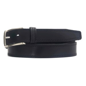 May include: A black leather belt with a silver buckle and double stitching.