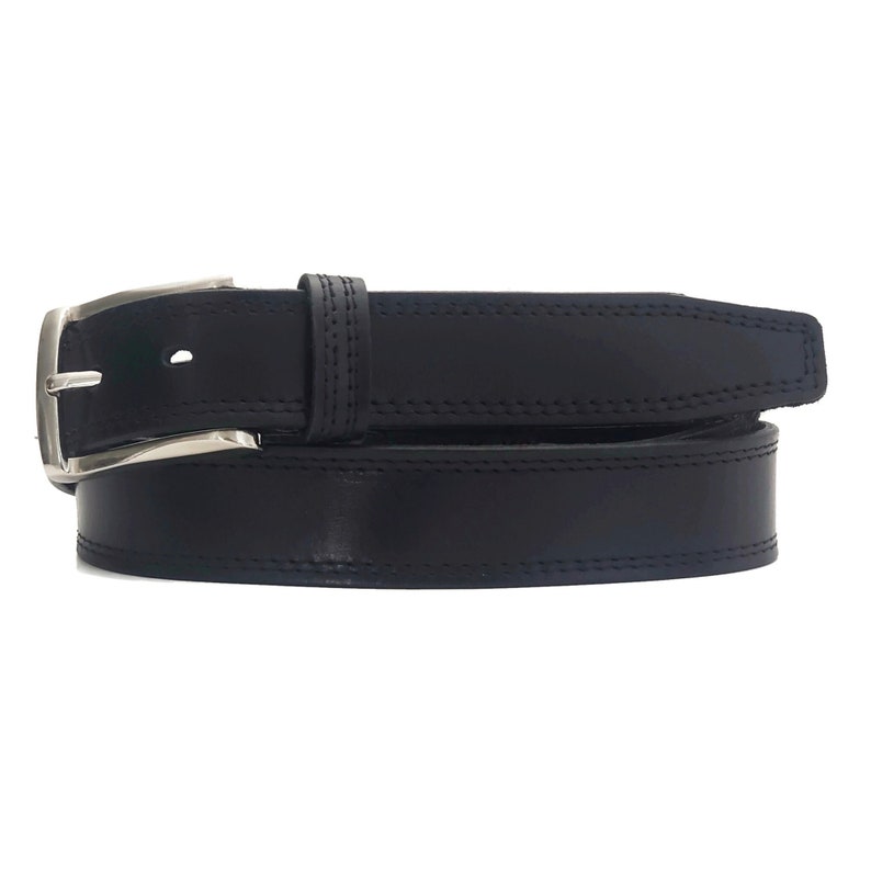May include: A black leather belt with a silver buckle and double stitching.