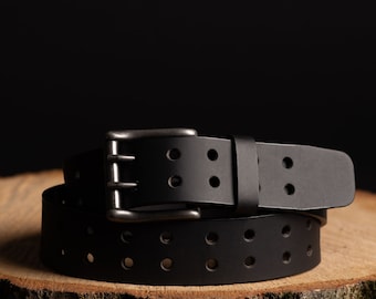 Black Double Hole Belt, Men's Leather Belt, Double Prong Full Grain Leather Belt, Heavy Duty, Gift for Him, Gift for Dad, Gift for Boyfriend