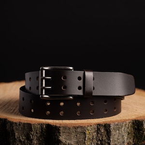 Black Double Hole Belt, Men's Leather Belt, Double Prong Full Grain Leather Belt, Heavy Duty, Gift for Him, Gift for Dad, Gift for Boyfriend image 4