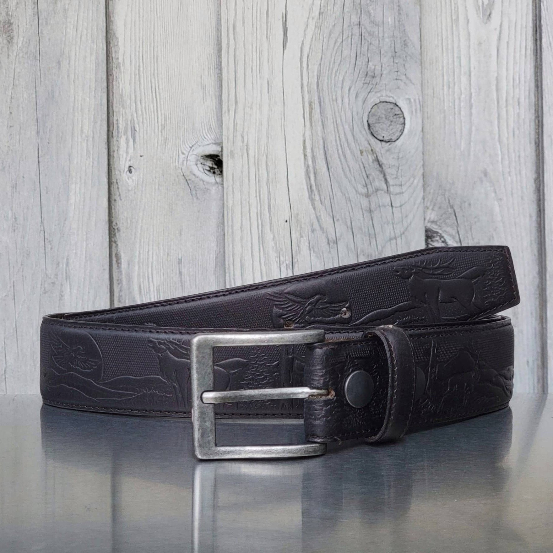 R Cinco Ranch Wide Embossed Black/Silver Belt with Antiqued Silver Rings Sz: M 5 Star Ranch – Circle B Western Wear main image 3