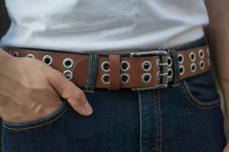 Black Grommet Belt, Leather Belt with Double Grommets Made in Canada Eyelet Belt, Rivet Rocker Belt, Gift for him, Gift for Dad, Boyfriend zdjęcie 10