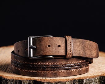 Brown Arrow Pattern Leather Belt, Stitched FULL GRAIN Leather Belt | Handcrafted Made in Canada| Heavy Duty, Gift for Him, Gift for Dad