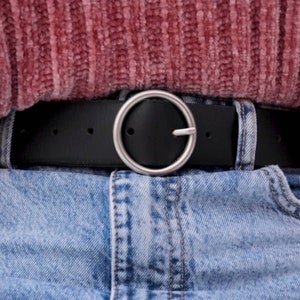 Black Leather Belt Women, Full Grain Vachetta, Circle Buckle, Handmade
