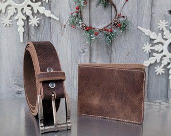 Belt and Wallet Set, Christmas 2 Pc Gift Set, Full Grain Leather Made in Canada, Leather Belt Gift for Him, Gift for Dad, Gift for Boyfriend