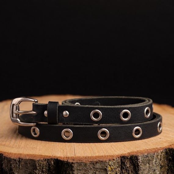 Black Leather Grommet Belt, Handmade Full Grain Leather  display picture 3