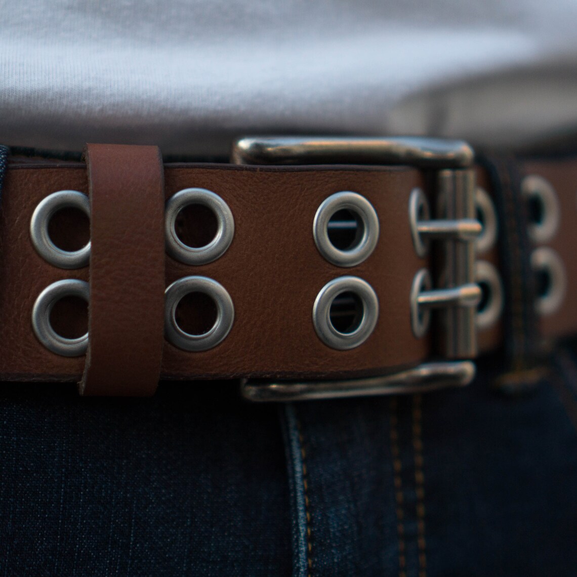 Mens Leather Belt Brown Double Grommet Full Grain Leather Etsy