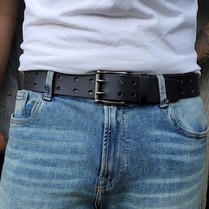 Black Double Hole Belt, Men's Leather Belt, Double Prong Full Grain Leather Belt, Heavy Duty, Gift for Him, Gift for Dad, Gift for Boyfriend image 2