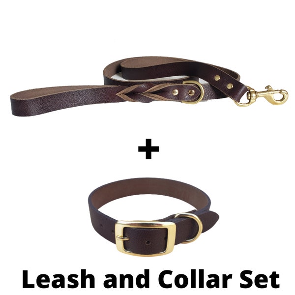 Brown Leather Dog Leash and Collar Set, Full Grain Leather Brown Collar, Brown Leash, Made in Canada, Dog Lead, Strong and Heavy Duty Leash