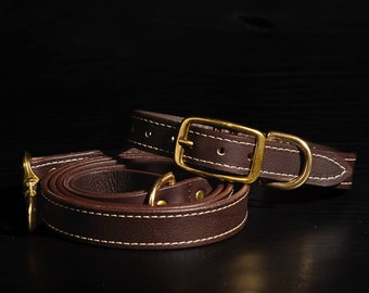 Juego de correa y collar para perros de cuero cosido, juego de collar y correa de cuero de grano completo, hecho en Canadá, plomo para perros, cuero premium fuerte